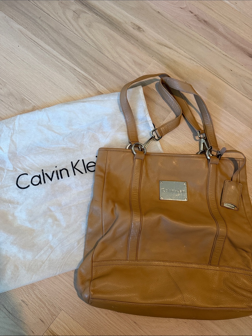 Calvin Klein Cognac Leather Tote with Branded Plaque Vintage